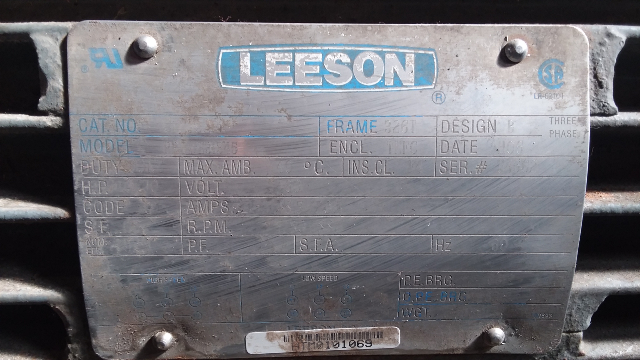 Leeson 40 HP 1780 RPM 326T Multi Speed Motors 79193