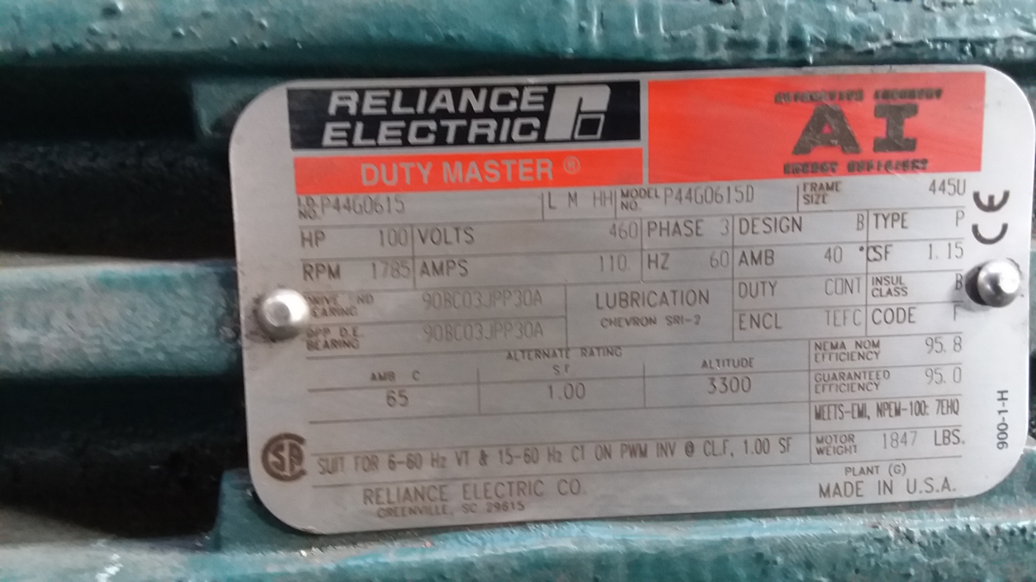 Reliance 100 HP 1800 RPM 445U Squirrel Cage Motors 79197