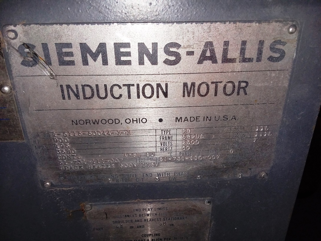 Siemens-Allis 900 HP 3600 RPM 589US Squirrel Cage Motors 79923