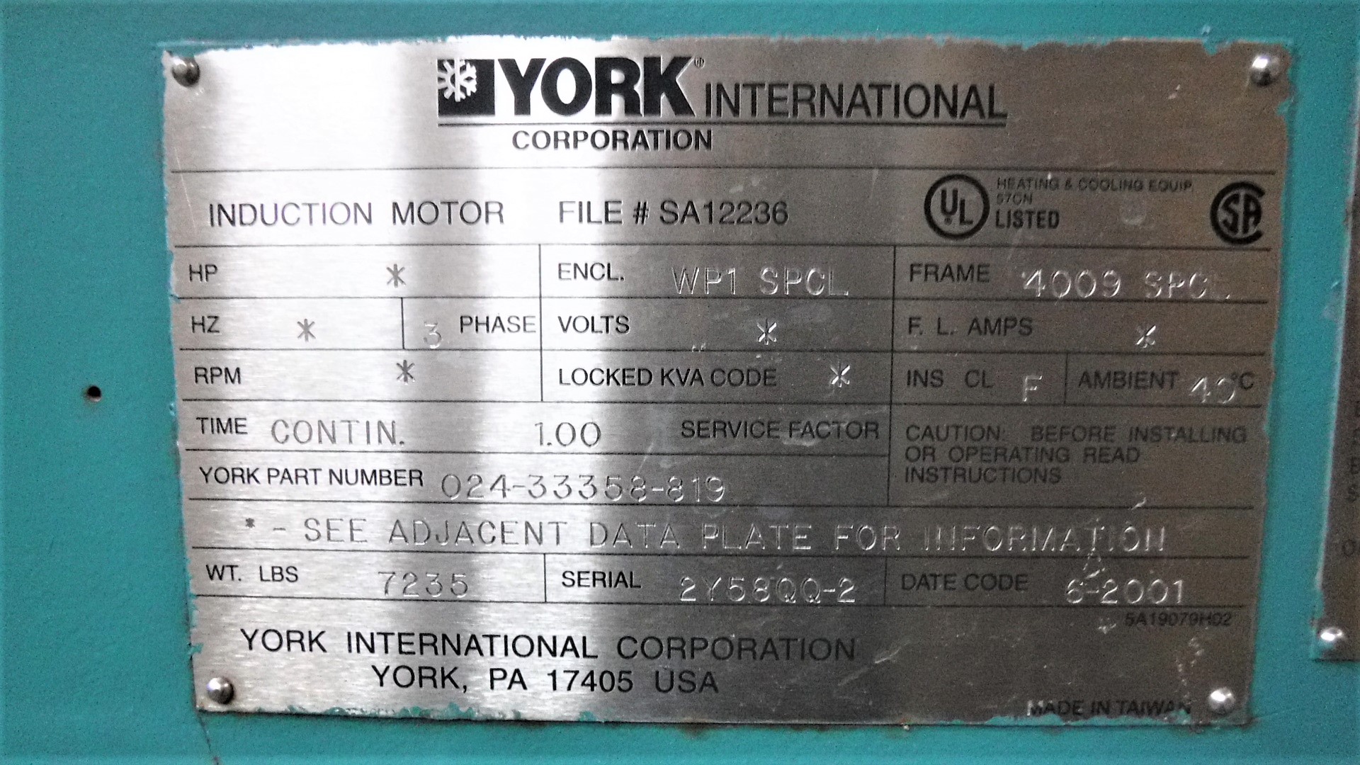 York 1000 HP 3600 RPM 4009 SPCL Squirrel Cage Motors 82224