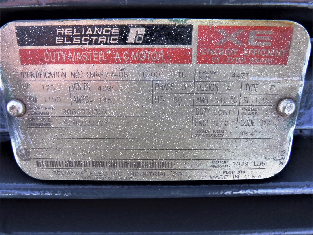 Reliance 125 HP 1200 RPM 447T Squirrel Cage Motors 82362
