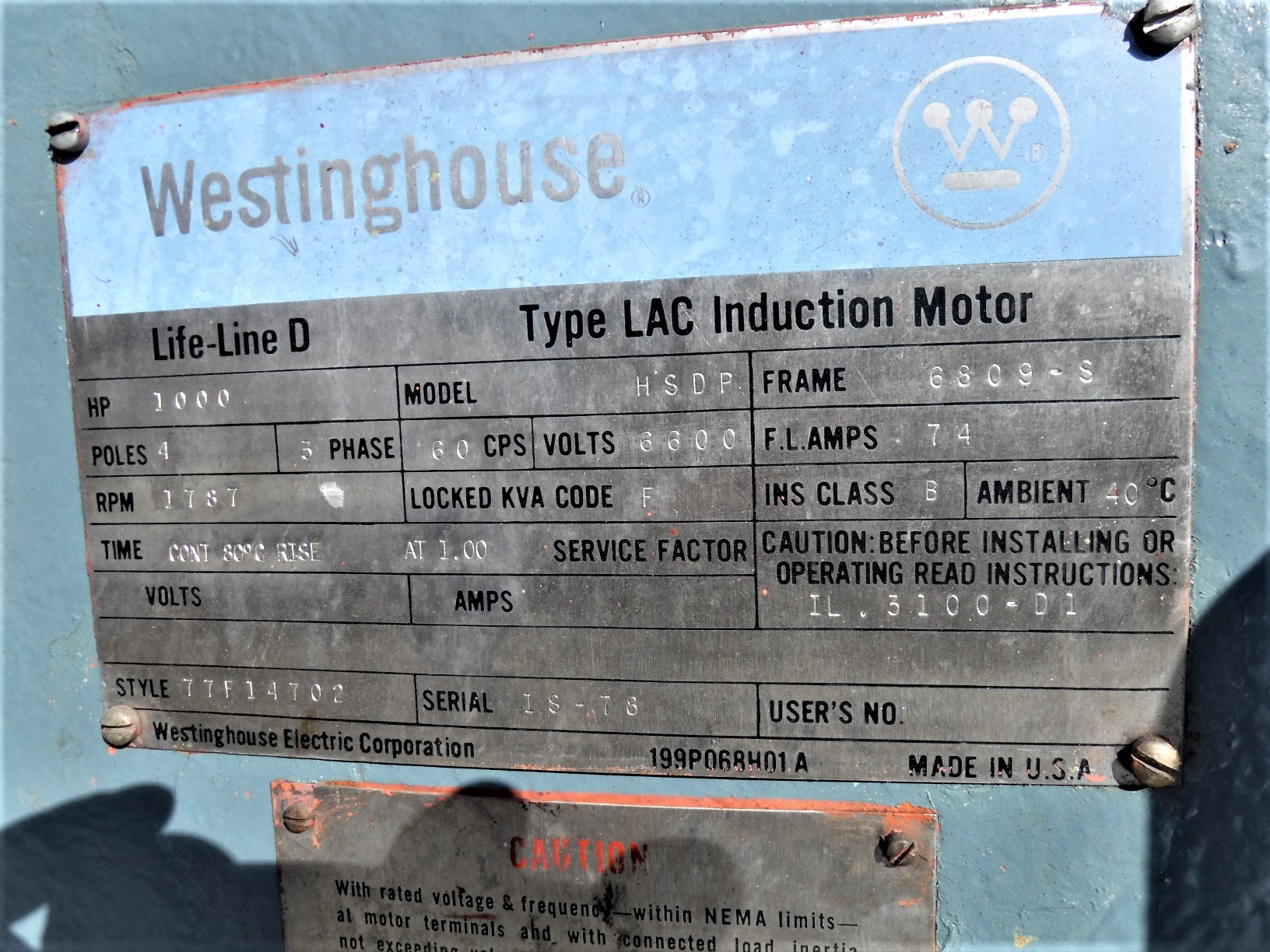 Westinghouse 1000 HP 1800 RPM 6809S Squirrel Cage Motors 82364