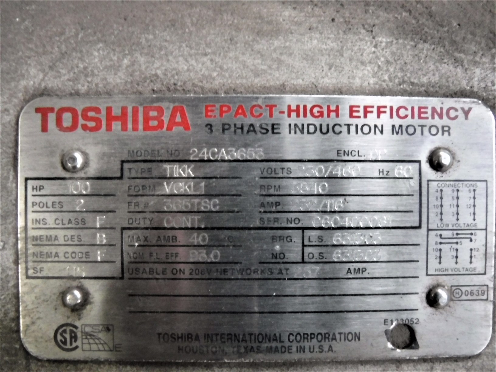 Toshiba 100 HP 3600 RPM 365TSC Squirrel Cage Motors 82389
