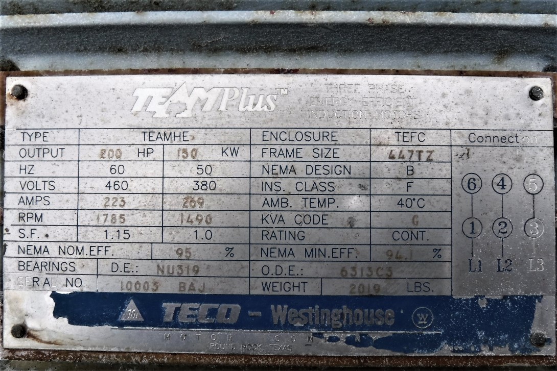 Teco Westinghouse 200 HP 1800 RPM 447TZ Squirrel Cage Motors 82423