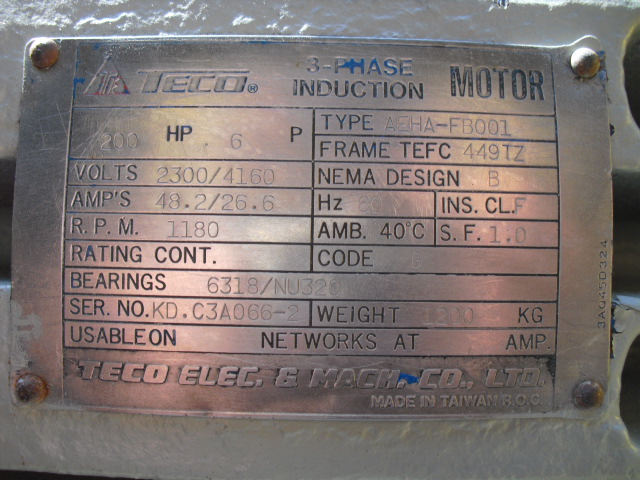 Teco 200 HP 1200 RPM 449TZ Squirrel Cage Motors 82588