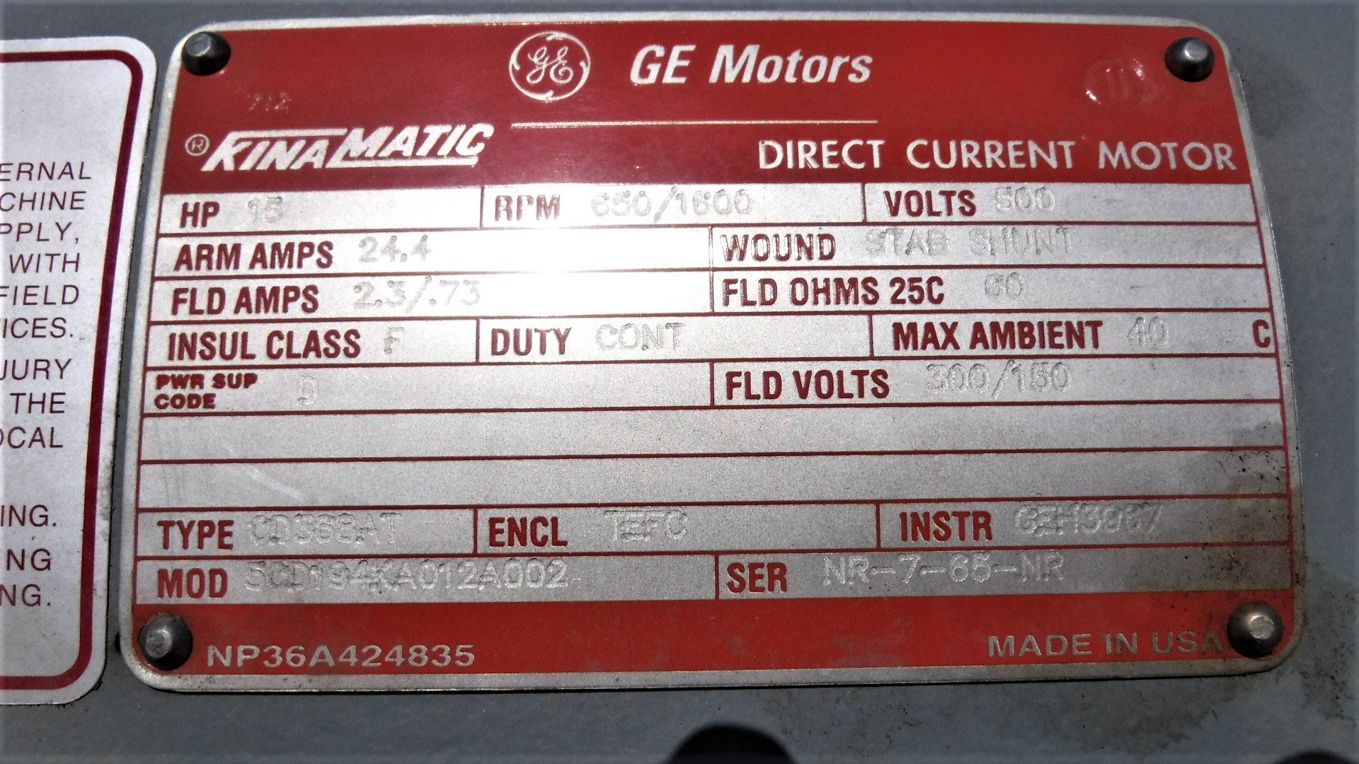 General Electric 15 HP 650/1600 RPM 368AT DC Motors 82663