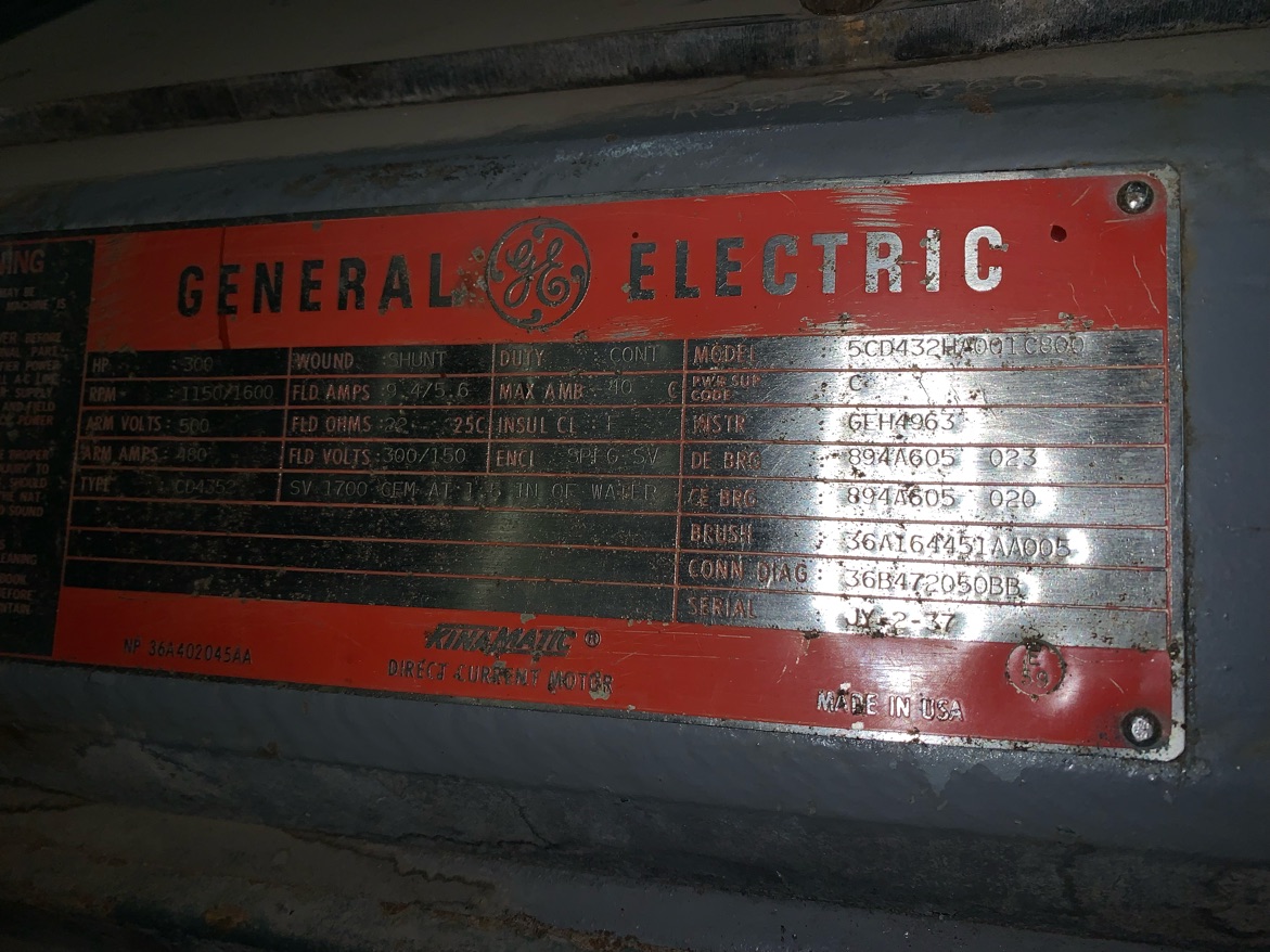 General Electric 300 HP 1150/1600 RPM 4352 DC Motors 82943