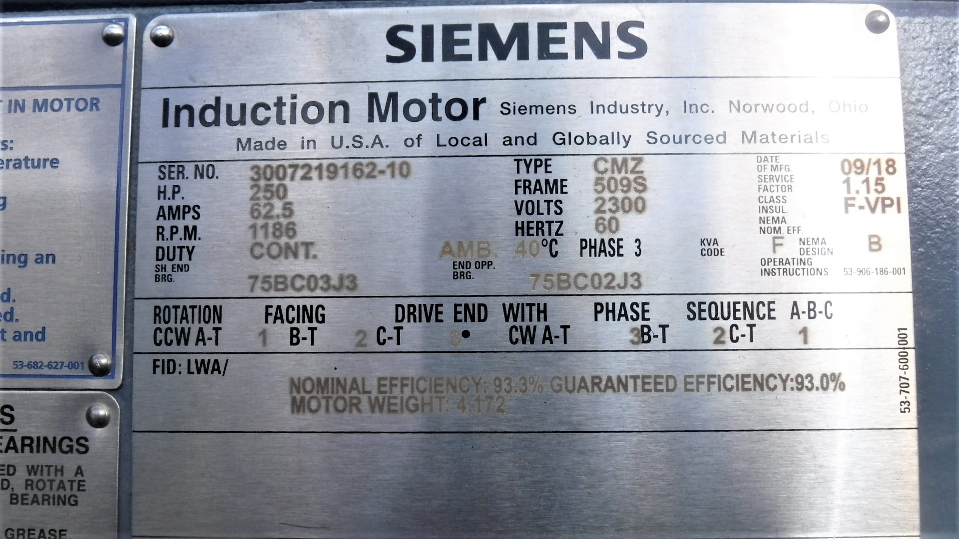 Siemens 250 HP 1200 RPM 509S Squirrel Cage Motors 82977