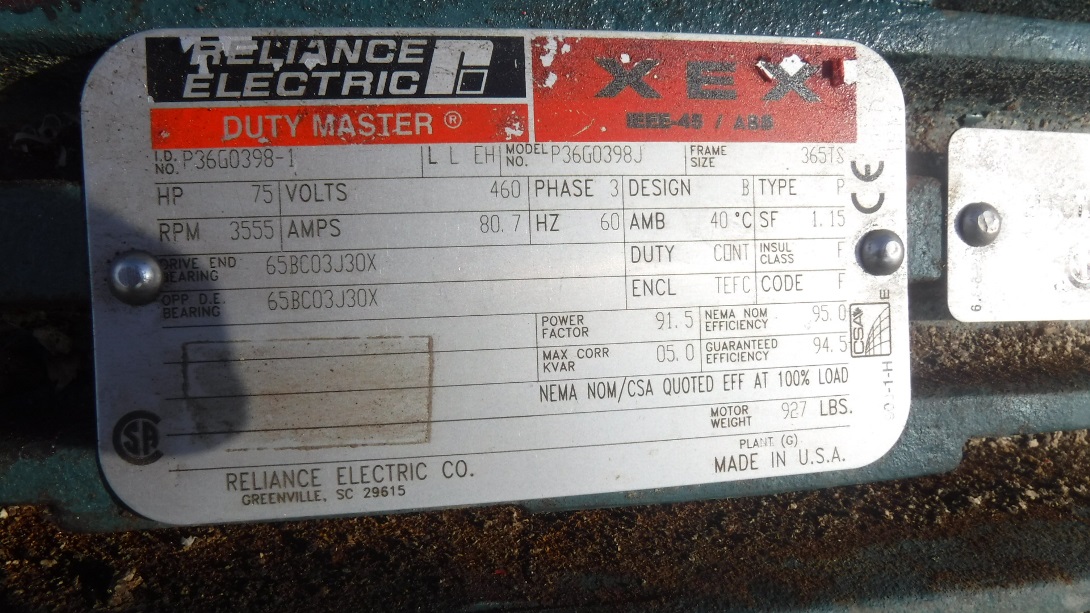Reliance 75 HP 3600 RPM 365TS Squirrel Cage Motors 83035