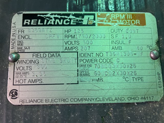 Reliance 125 HP 1750/2000 RPM B369AT DC Motors 83038