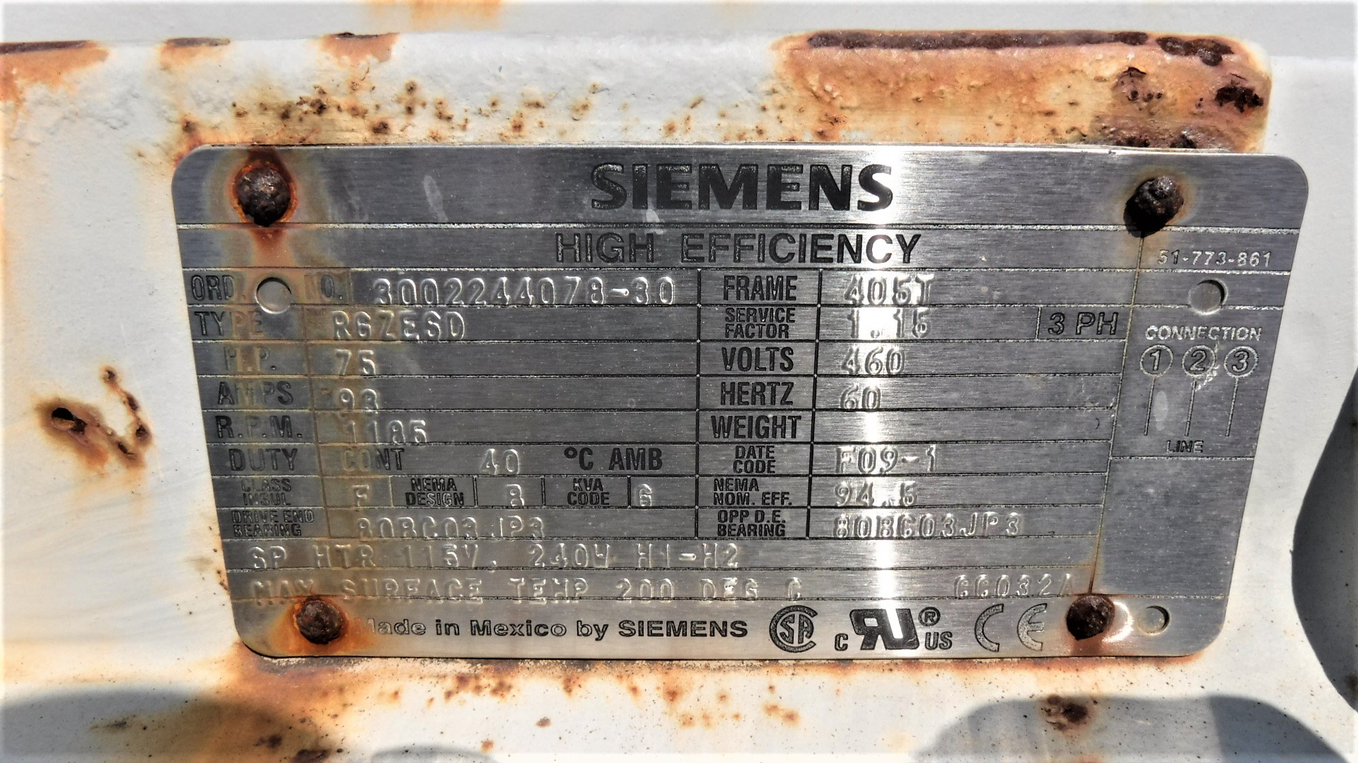 Siemens 75 HP 1200 RPM 405T Squirrel Cage Motors 83100