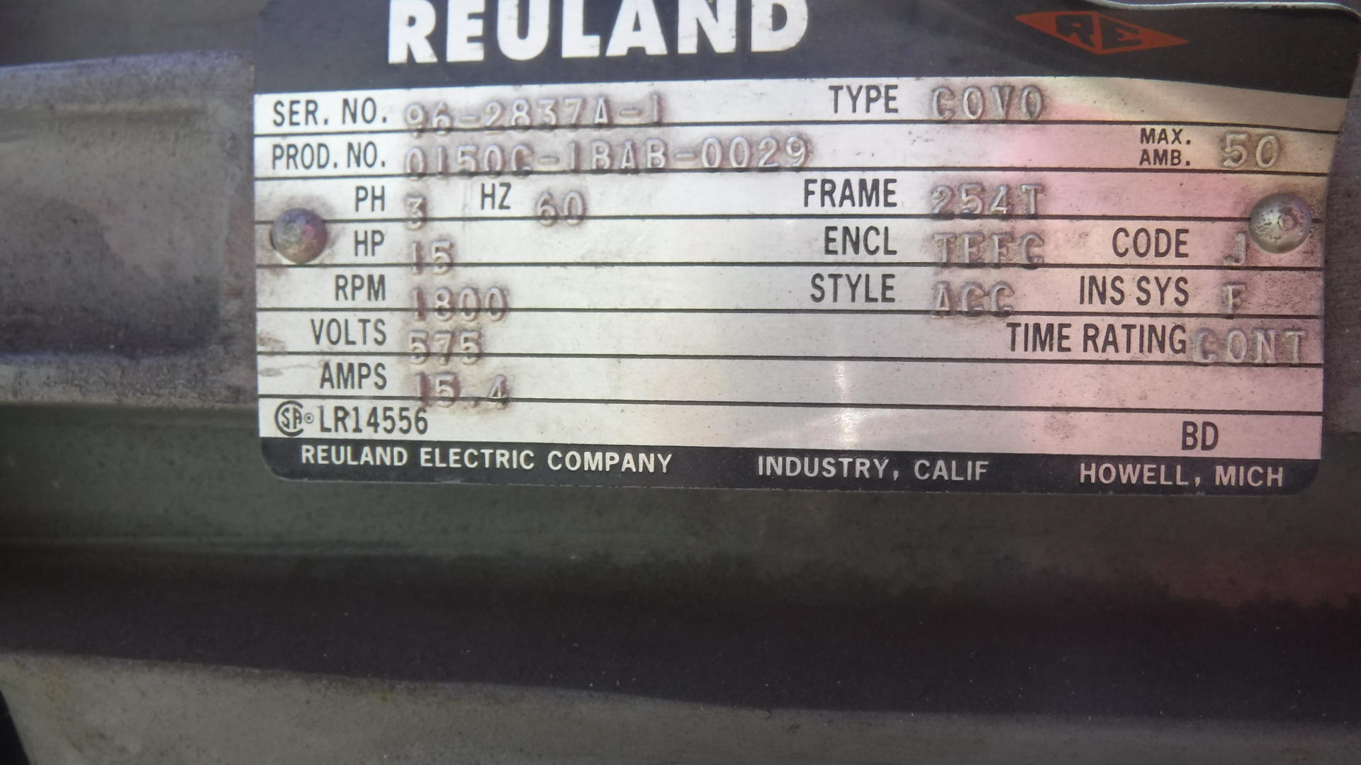 Reuland 15 HP 1800 RPM 254TDZ Brake Motors 83112