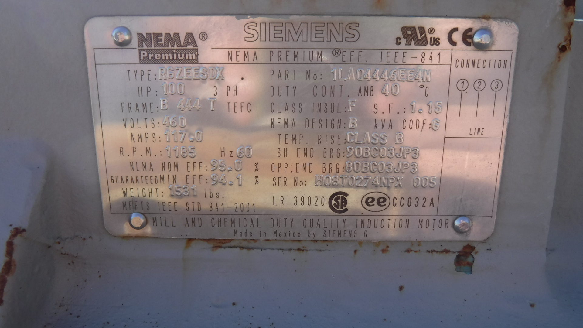Siemens 100 HP 1200 RPM 444T Squirrel Cage Motors 83162