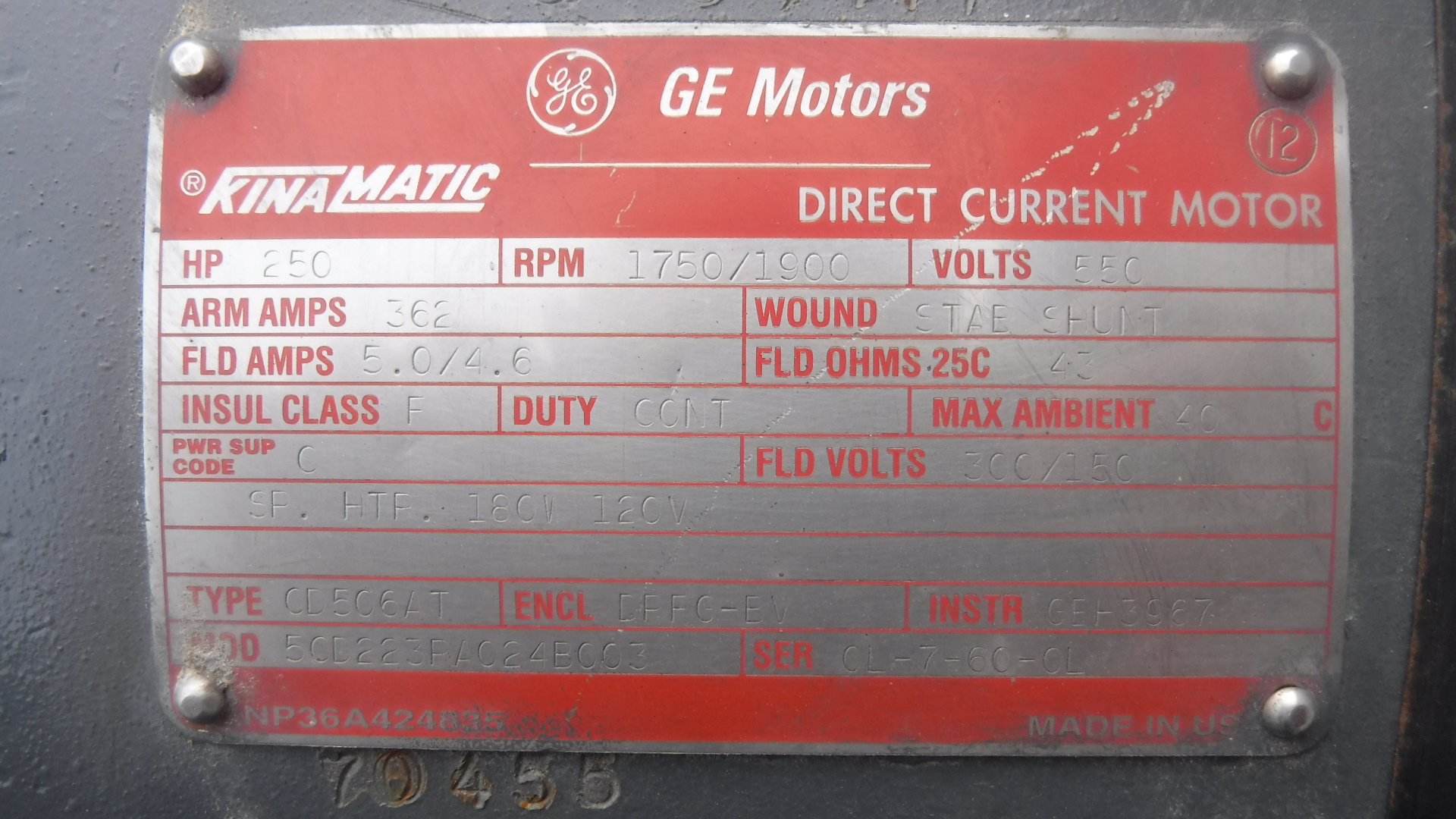 General Electric 250 HP 1750/1900 RPM 506AT DC Motors 83258