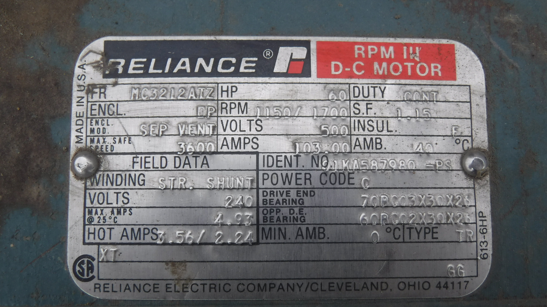 Reliance 60 HP 1150/1700 RPM MC3212ATZ DC Motors 83330