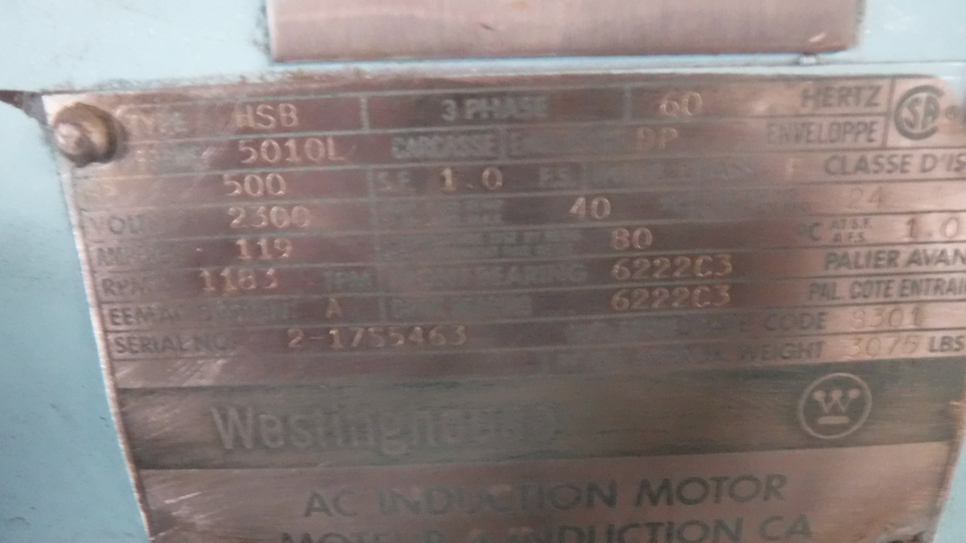 Westinghouse 500 HP 1200 RPM 5010L Squirrel Cage Motors 83334