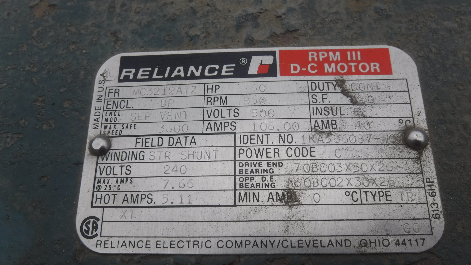 Reliance 60 HP 850 RPM MC3212ATZ DC Motors 83337