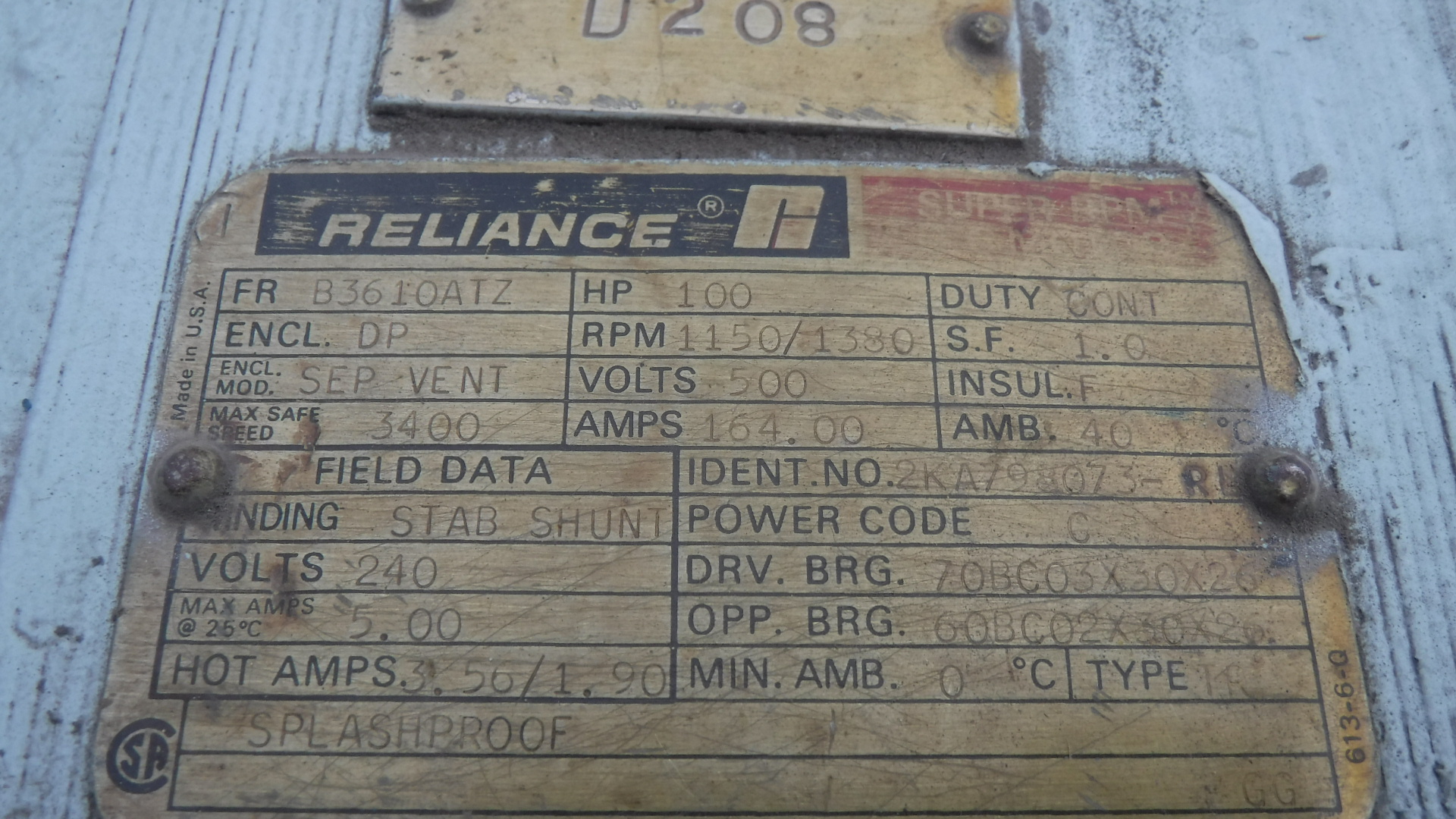 Reliance 100 HP 1150/1380 RPM B3610ATZ DC Motors 83338