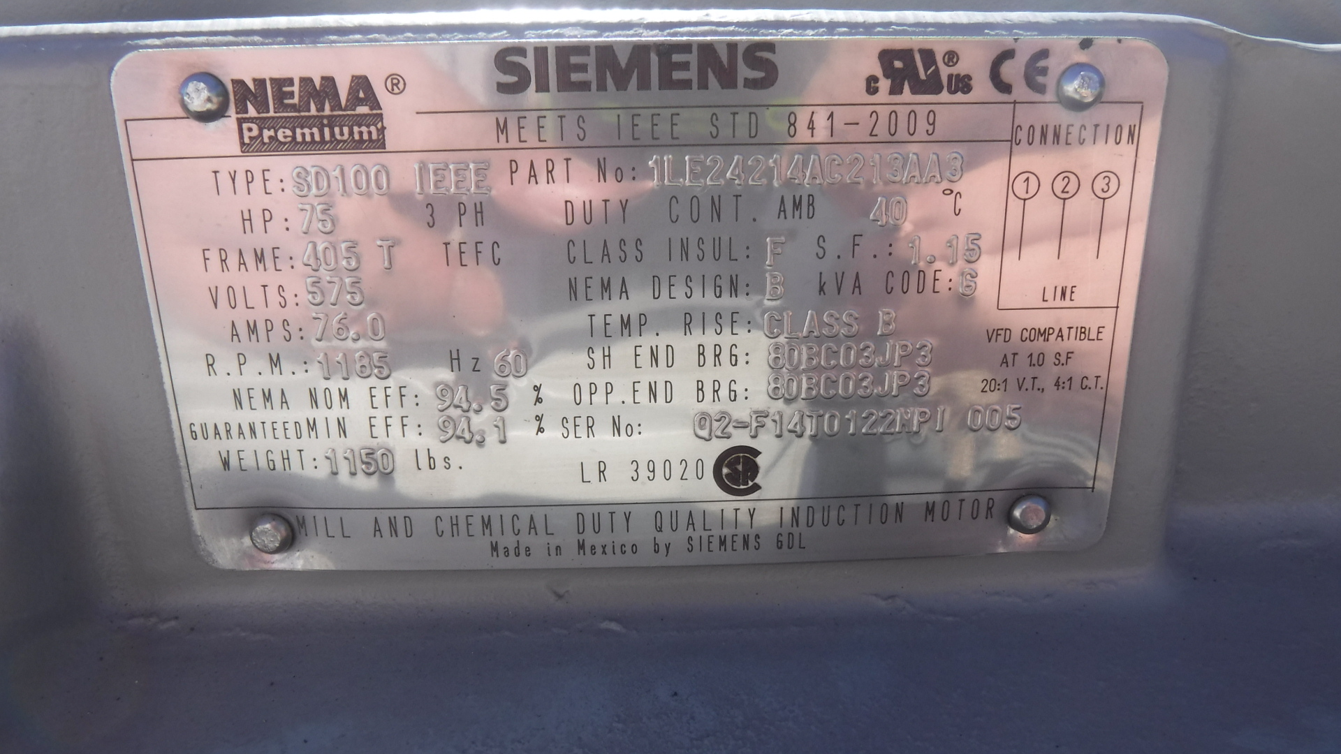 Siemens 75 HP 1200 RPM 405T Squirrel Cage Motors 83353
