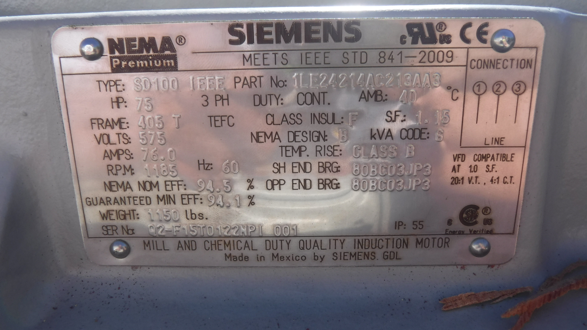 Siemens 75 HP 1200 RPM 405T Squirrel Cage Motors 83356