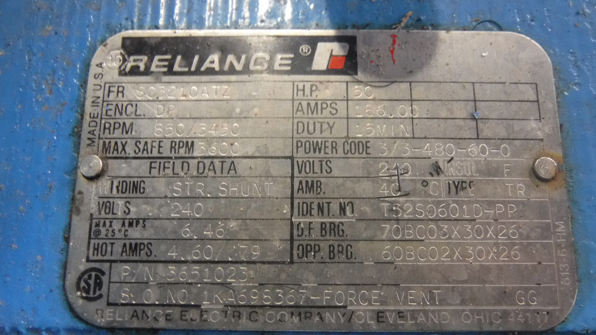 Reliance 50 HP 850/3450 RPM SC3210ATZ DC Motors 83451