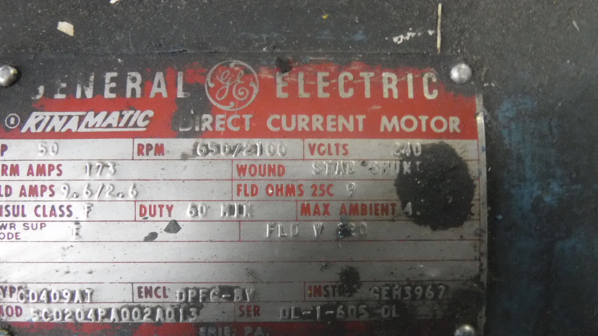 General Electric 50 HP 650/2100 RPM 409AT DC Motors 83460