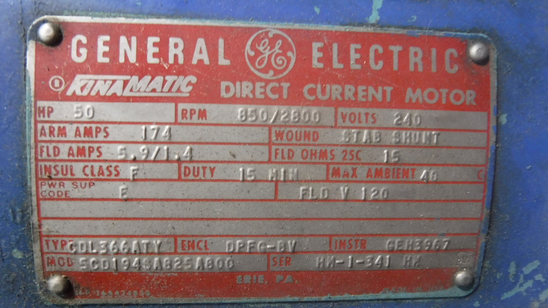 General Electric 50 HP 850/2800 RPM 366ATY DC Motors 83465