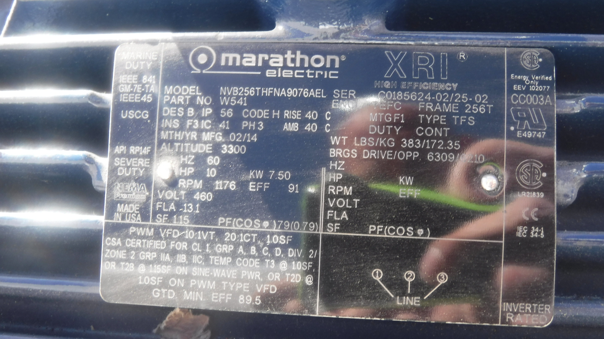 Marathon 10 HP 1200 RPM 256T Squirrel Cage Motors 83519
