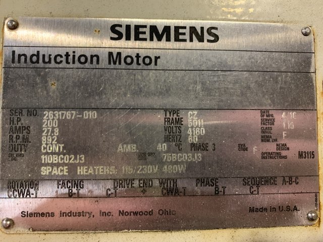 Siemens 200 HP 900 RPM 5011 Squirrel Cage Motors 83551