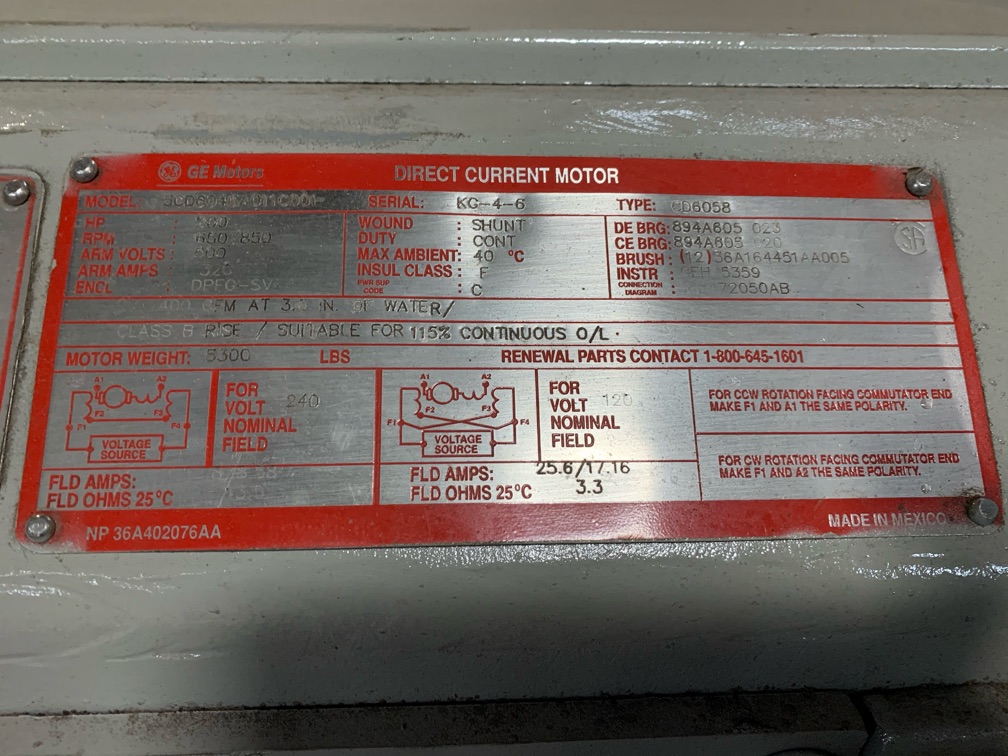 General Electric 200 HP 650/850 RPM 6058 DC Motors 83948