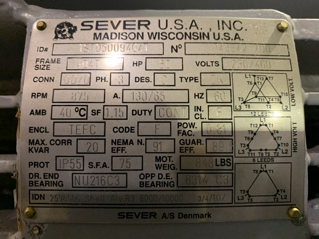 Sever 50 HP 900 RPM 404T Squirrel Cage Motors 84022