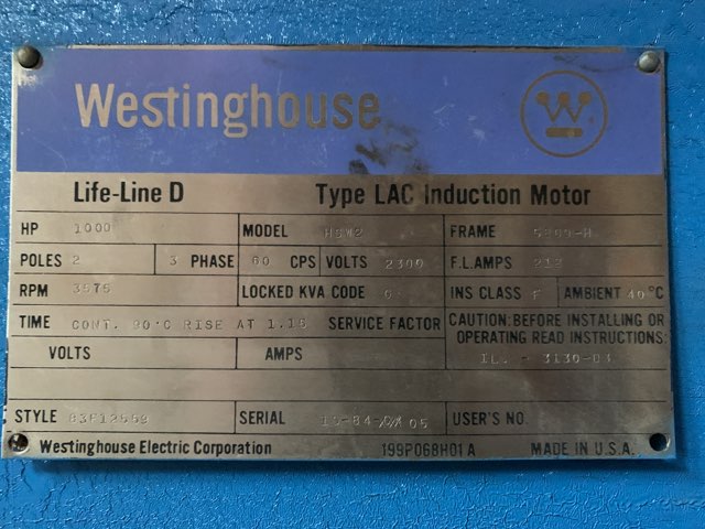 Westinghouse 1000 HP 3600 RPM 5809H Squirrel Cage Motors 84169
