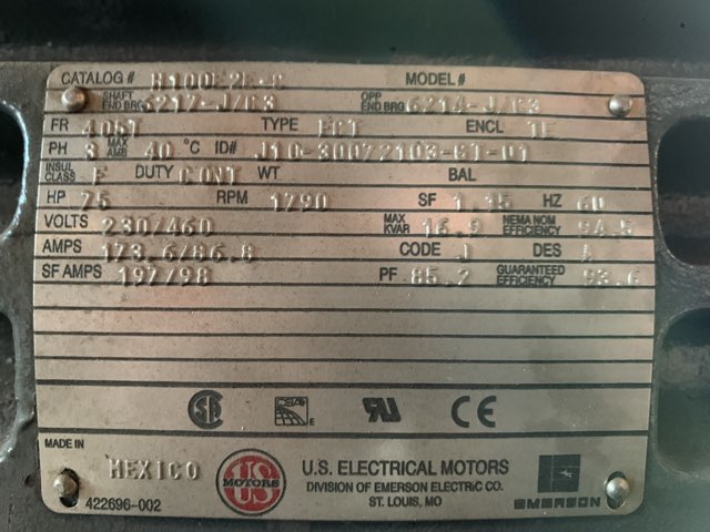 US Electric 75 HP 1800 RPM 405T Squirrel Cage Motors 84185