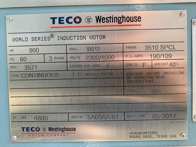 Teco Westinghouse 900 HP 3600 RPM 3510SPCL Squirrel Cage Motors 84202