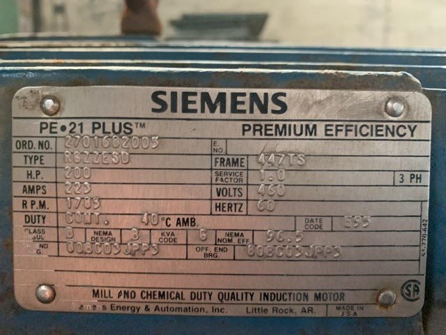 Siemens 200 HP 1800 RPM 447TS Squirrel Cage Motors 84212