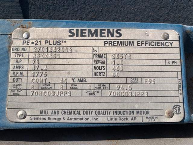 Siemens 75 HP 1800 RPM 365TS Squirrel Cage Motors 84219