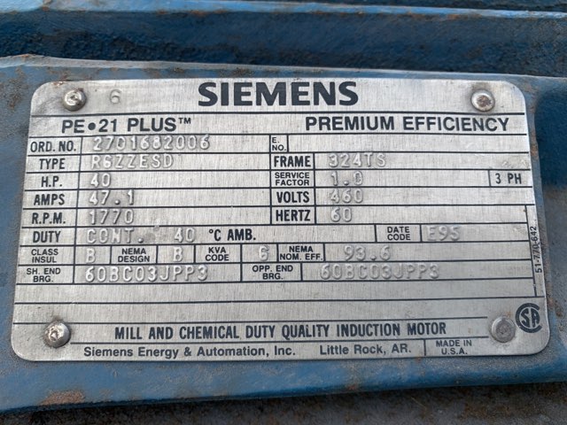 Siemens 40 HP 1800 RPM 324TS Squirrel Cage Motors 84222