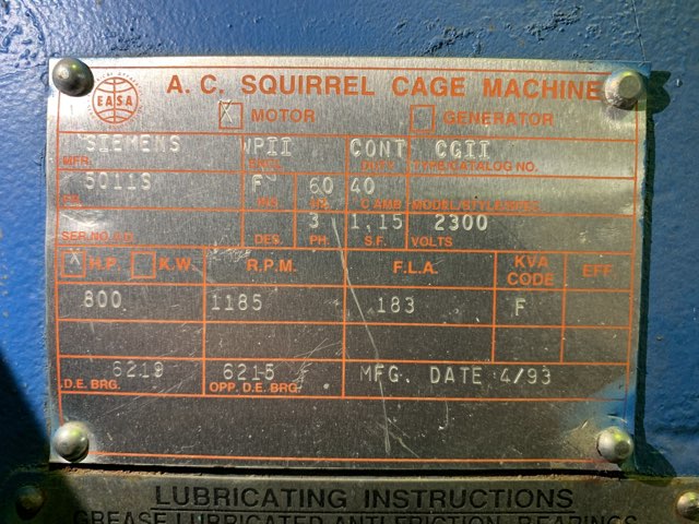 Siemens 600 HP 1200 RPM 5011S Squirrel Cage Motors 84243
