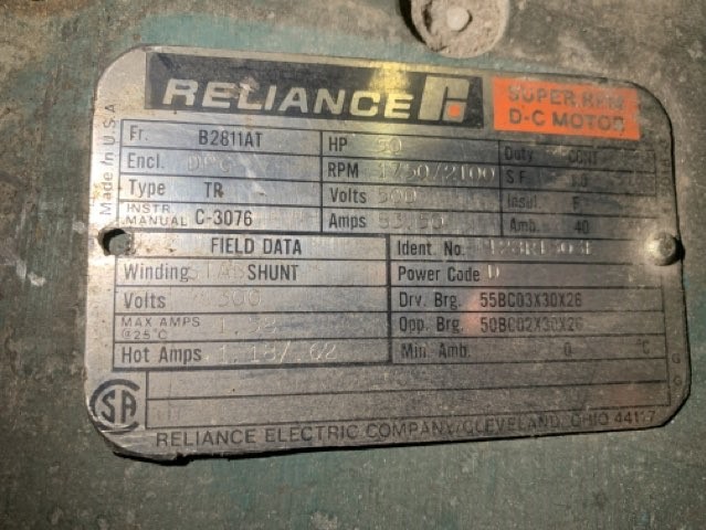 Reliance 50 HP 1750/2100 RPM B2811ATZ DC Motors 84303