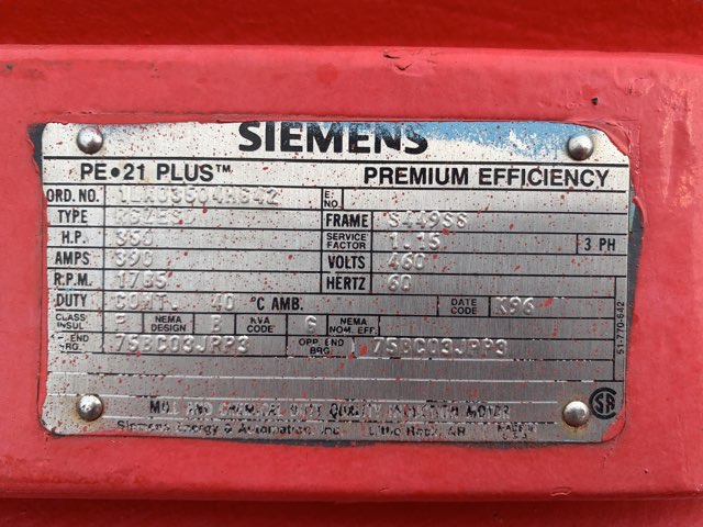 Siemens 350 HP 1800 RPM S449SS Squirrel Cage Motors 84488