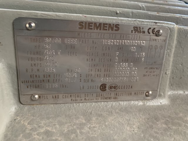 Siemens 50 HP 900 RPM 404T Squirrel Cage Motors 84892