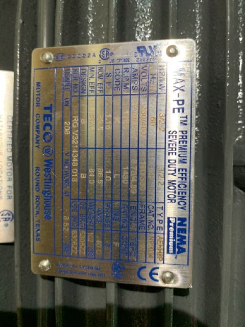 Teco Westinghouse 3 HP 1800 RPM 182TC Squirrel Cage Motors 84972