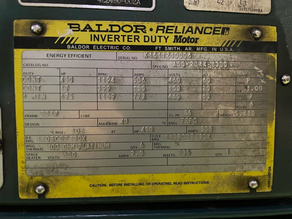 Baldor-Reliance 450 HP 1200 RPM 5012Z Squirrel Cage Motors 84997