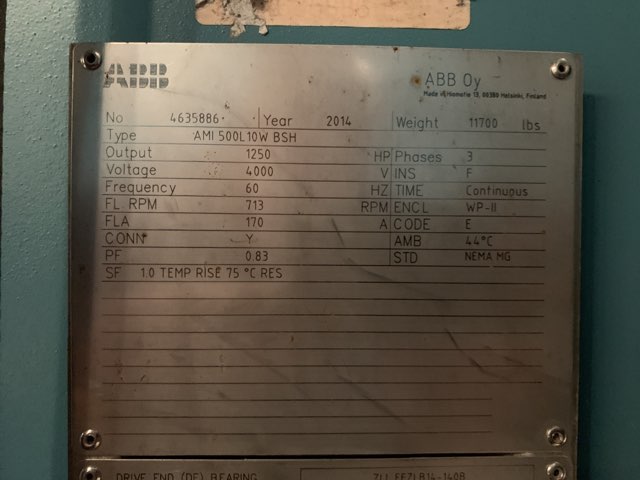 ABB 1250 HP 720 RPM 500L Squirrel Cage Motors 85016