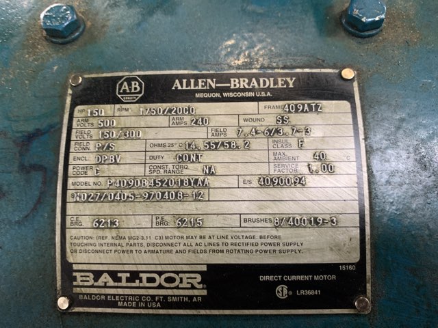 Baldor 150 HP 1750/2000 RPM 409ATZ DC Motors 85045