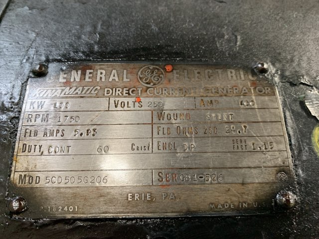 General Electric 100KW 1750 RPM 505A DC Generators 85048