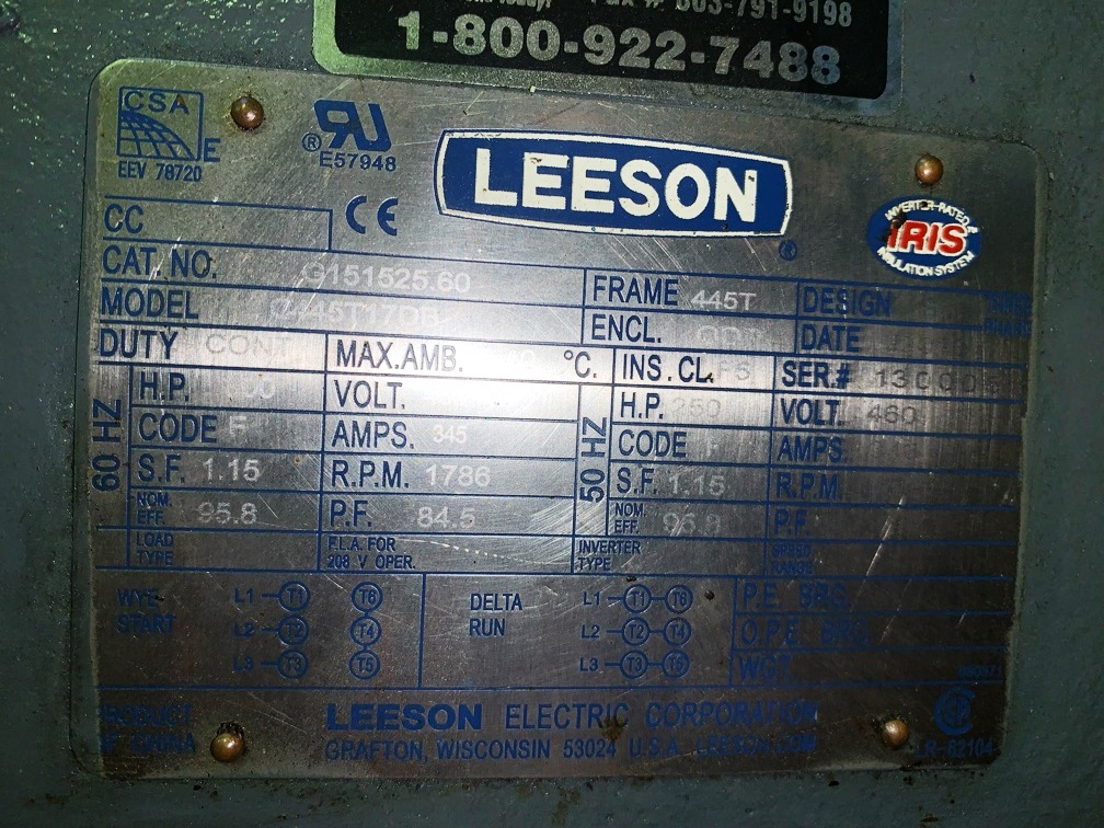 Leeson 300 HP 1800 RPM 445TS Squirrel Cage Motors 85085