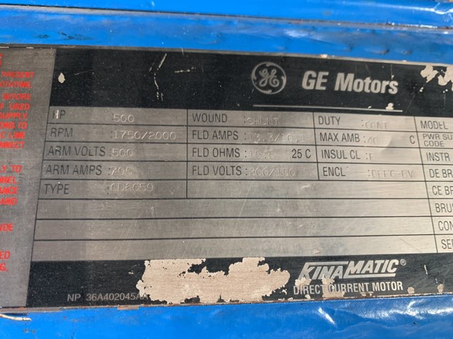 General Electric 500 HP 1750/2000 RPM 6059 DC Motors 85112