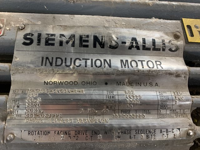 Siemens-Allis 200 HP 3600 RPM 447TS Squirrel Cage Motors 85142