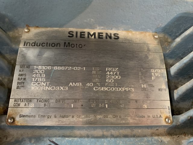 Siemens 200 HP 1800 RPM 447T Squirrel Cage Motors 85144